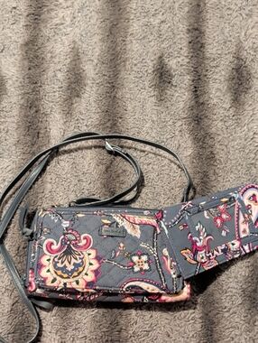 Vera Bradley Gray Floral Quilted Crossbody Wallet with Pink Accents